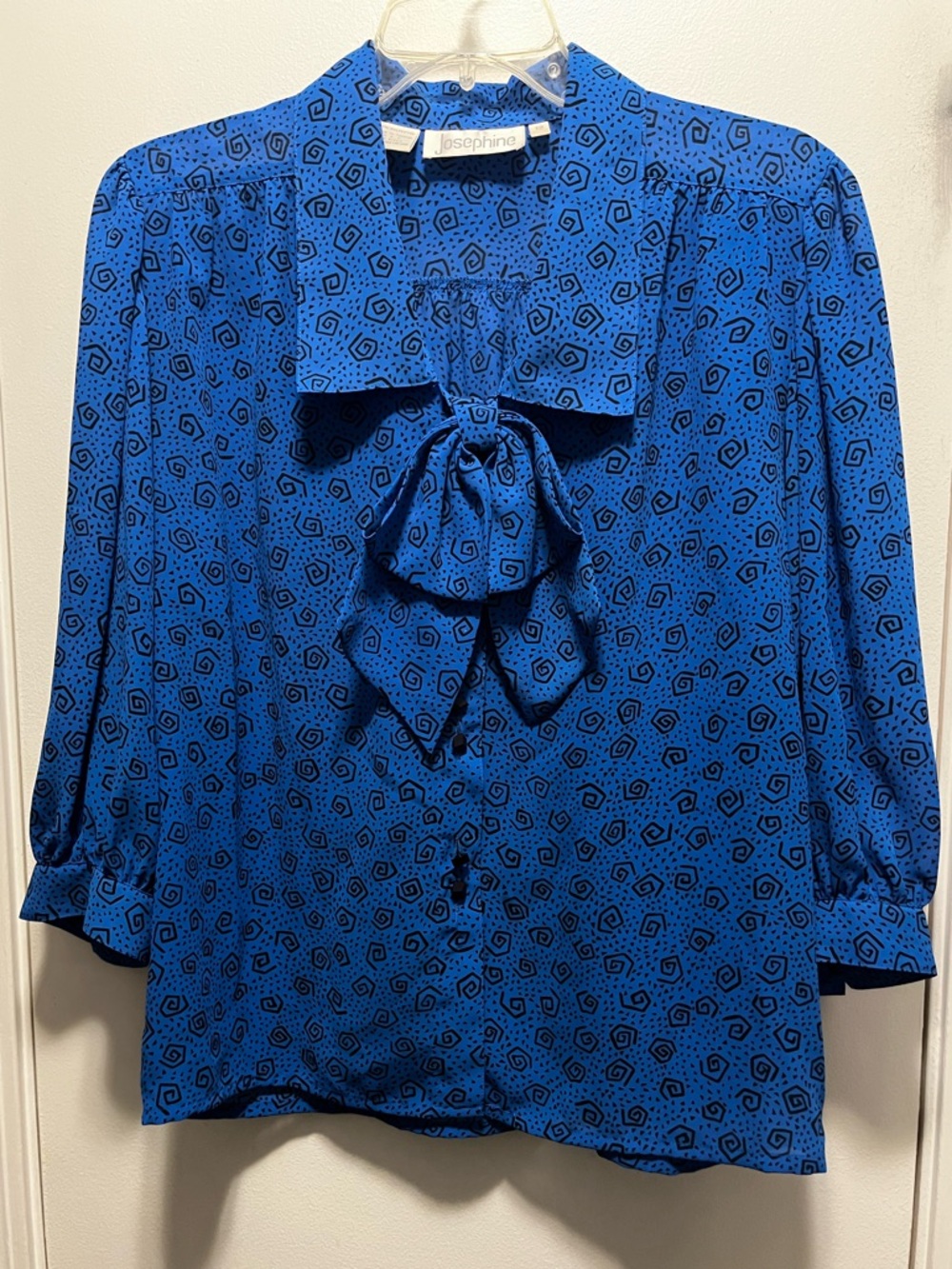 Vintage 80s Josephine Royal Blue Bow-Tie 3/4 sleeve Secretary Blouse Size 12